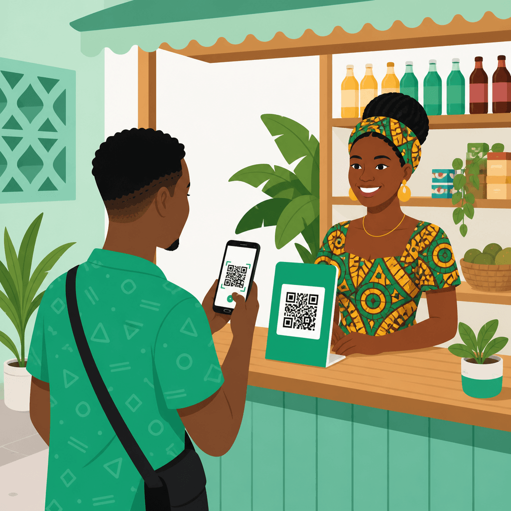 Cameroon merchant QR checkout accepting MTN, Orange, cards, and wallet