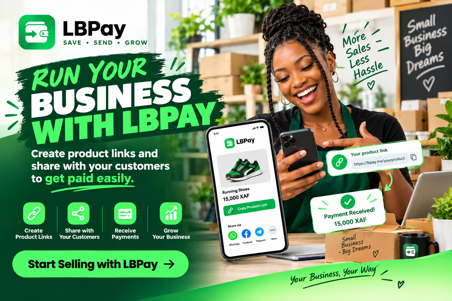 Run your business with LBPay. Create product links and share them with customers to get paid.
