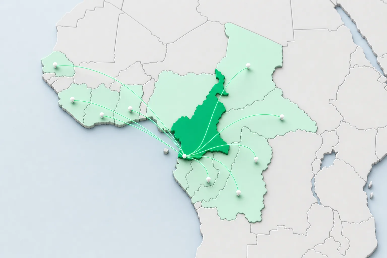 Stylised map of West and Central Africa with transfer routes fanning out from Cameroon to nine neighbouring countries