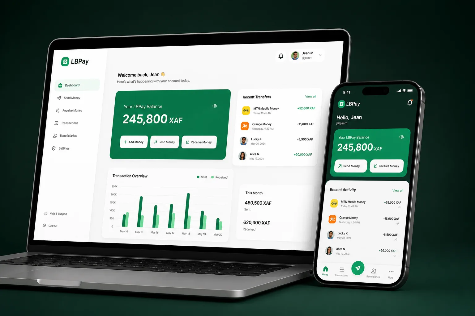 LBPay wallet on desktop and phone, balances in XAF