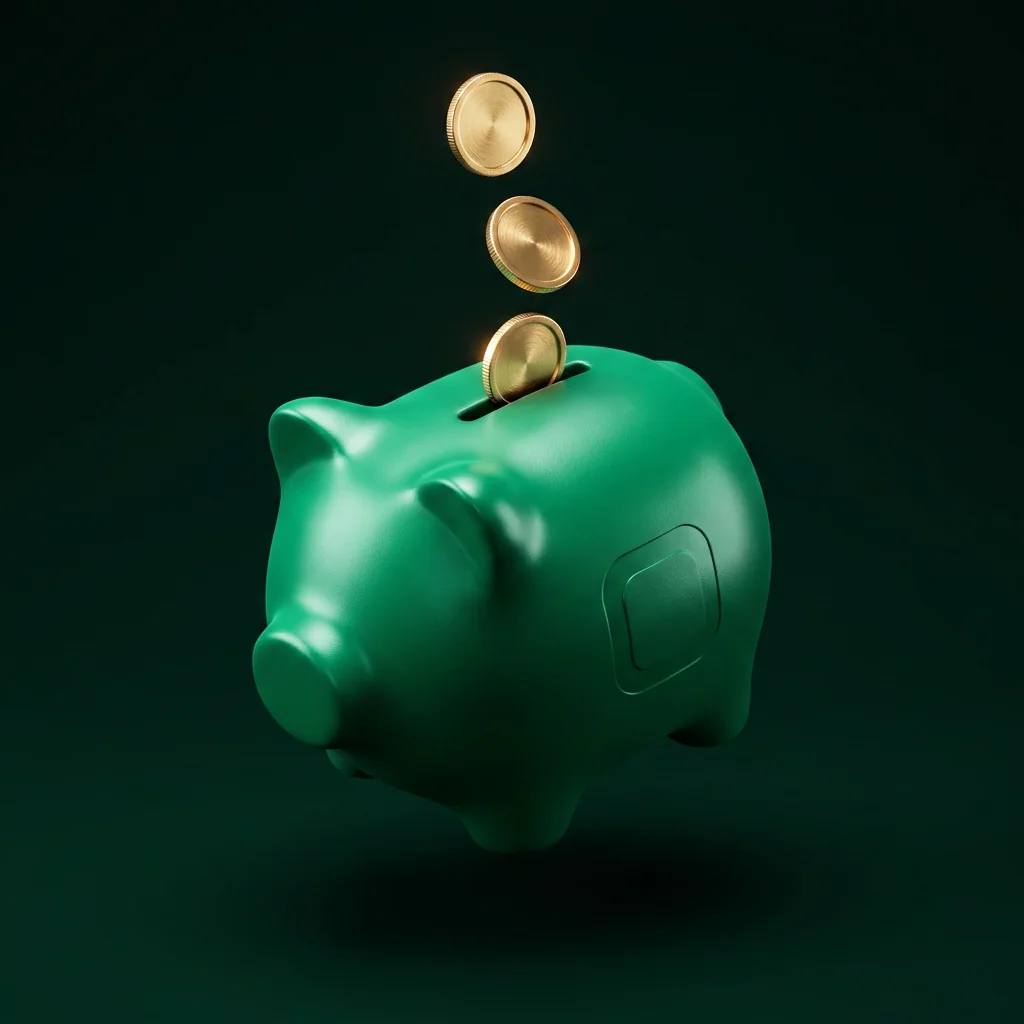Matte green piggy bank with gold coins dropping in